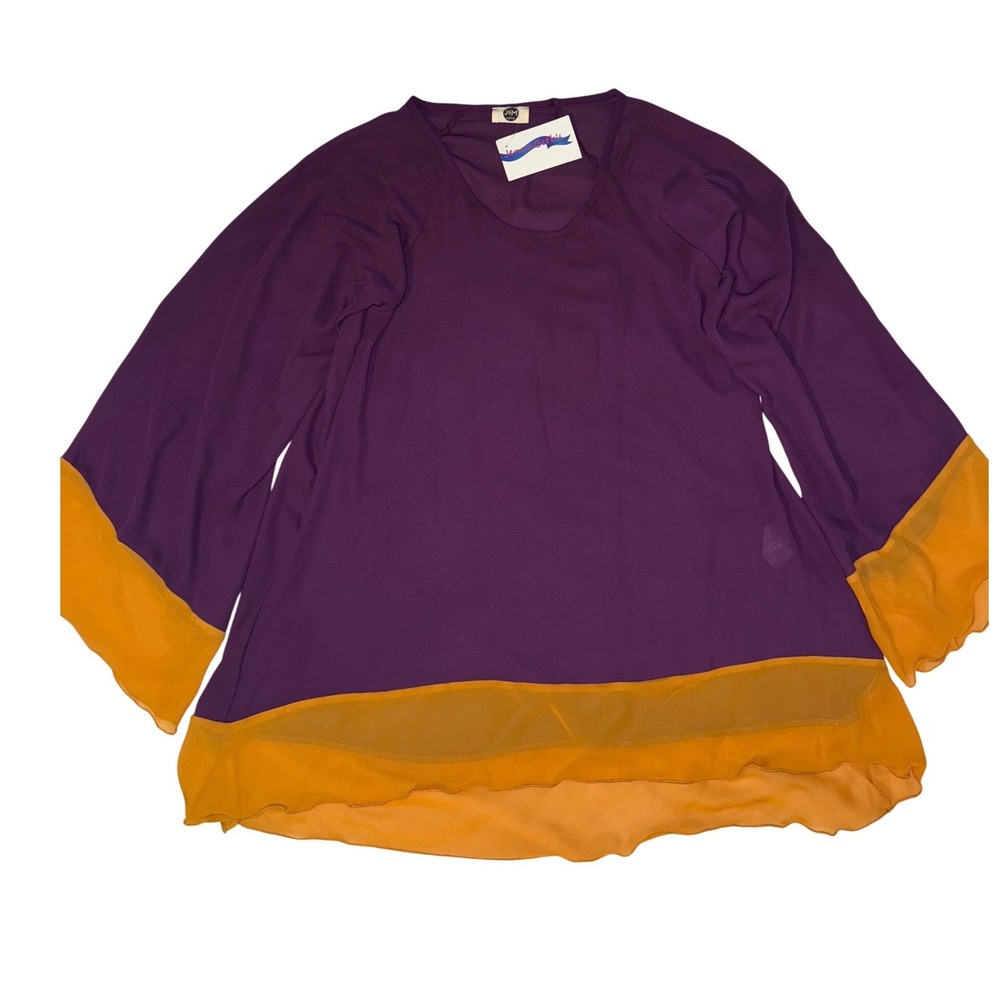 J&M Clothing Flowy Long Sleeve Sheer Top Purple Gold Chiffon Size Medium NEW‎